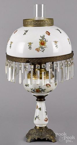 Brass and opaque glass table lamp, early 20th c., with floral decoration, 26'' h.