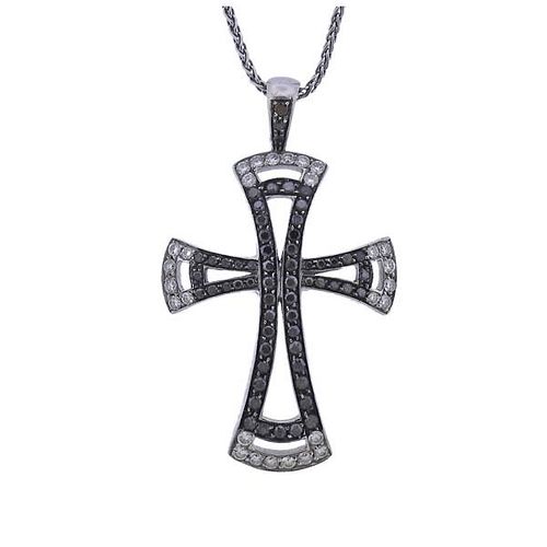 18k Gold Black White Diamond Cross Pendant Necklace