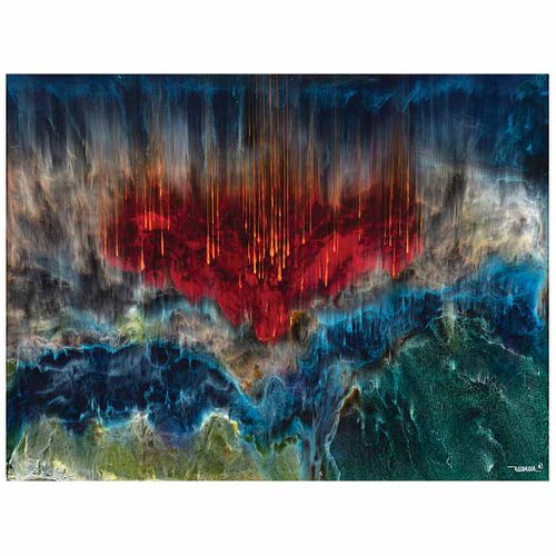 LEONARDO NIERMAN, Paisaje volcánico, Firmado y fechado 63, Acrílico sobre masonite, 60 x 70 cm