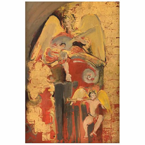 CARMEN PARRA, Órgano de la catedral, Firmado, Óleo y hoja de oro sobre tela, 150.5 x 100 cm