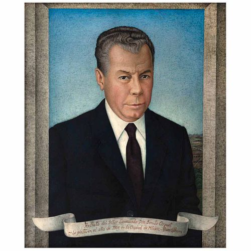 JUAN O'GORMAN, Retrato del Señor Licenciado Don Benito Coquet, Firmado y fechado Ciudad de México 1964, Temple/tela/masonite,67 x 56 cm