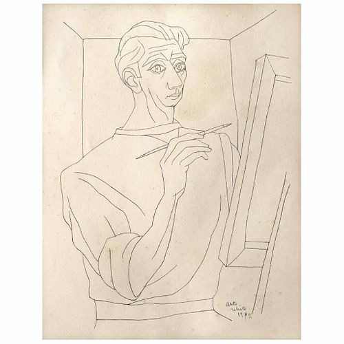 CARLOS OROZCO ROMERO, Boceto para autorretrato, Sin firma, fechada 1949 Tinta sobre papel, 35.5 x 27.5 cm