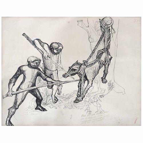 VICENTE ROJO, Cazadores de lobo, Firmada y fechada 1957, Tinta sobre papel, 44 x 56.5 cm