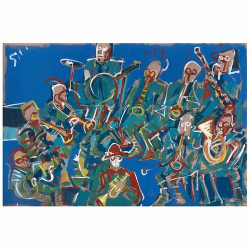 RAY HERRERA - LEGUIZAMO, Concierto de Orquestas I, Firmado, Óleo sobre cartón, 97 x 147 cm