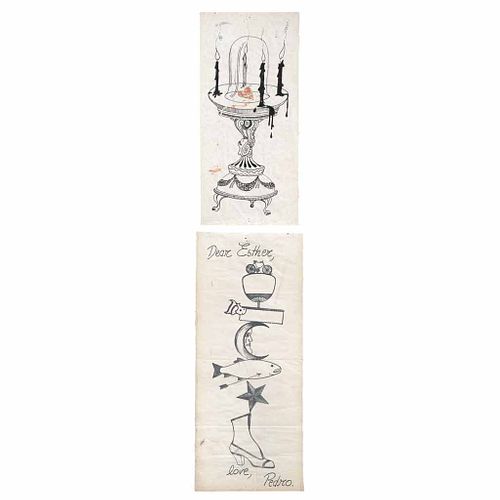 PEDRO FRIEDEBERG, Carta a Esther, Firmada, Tinta sobre papel, 50 x 11.7 cm medidas totales, Piezas: 2 enmarcadas juntas