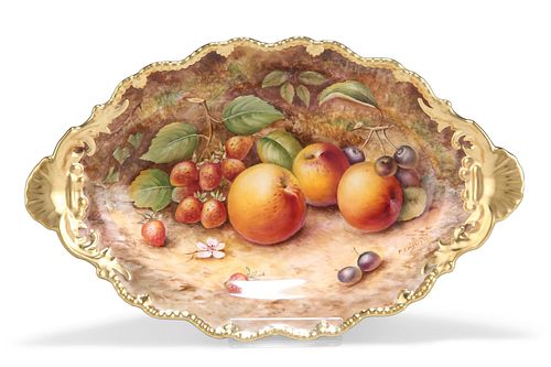 A ROYAL WORCESTER FRUIT PAINTED DISH, shaped oval form, sig