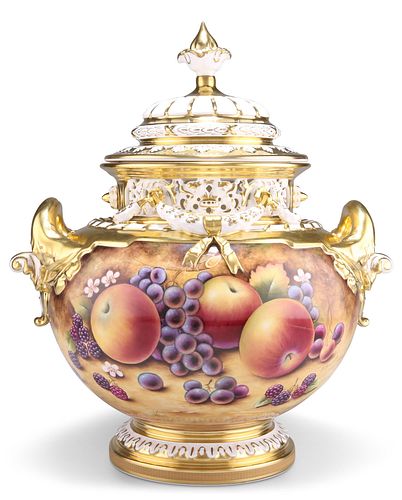 A LARGE ROYAL WORCESTER FRUIT PAINTED BOW VASE AND COVER, s