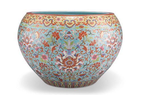 A CHINESE TURQUOISE GROUND PORCELAIN JARDINIÉRE, decorated 