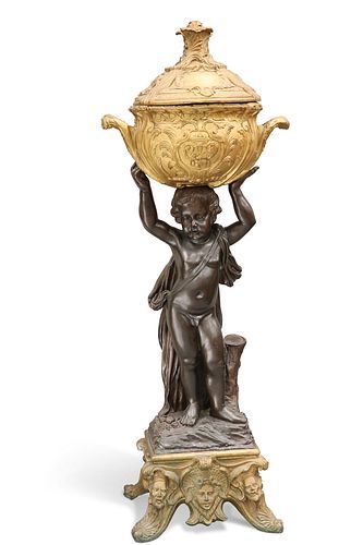 A VERY LARGE BRONZE FIGURAL JARDINIÈRE, the lidded two hand