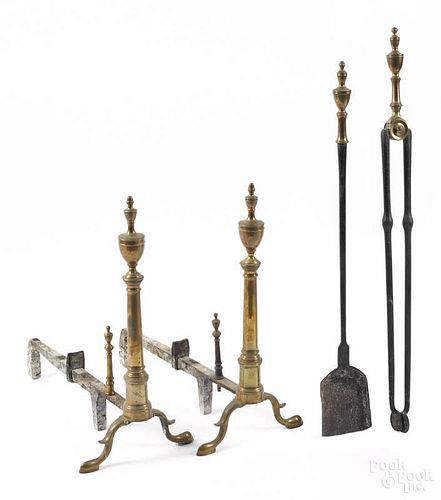 Pair of Federal brass urn top andirons, ca. 1800