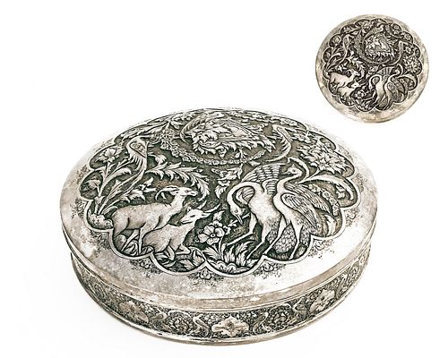 A Persian Engraved Silver Covered Box, Heavy weight