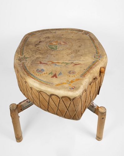 Taos, Pictorial Painted Hide Drum on Stand, Late 20th Century