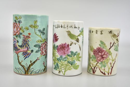 3 Famille Rose Porcelain Brushpot,19/20th C.