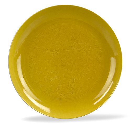 Chinese Yellow Glazed Plate w/ Incised Dragon
