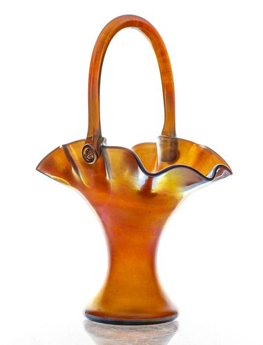 Steuben Aurene Iridescent Glass Basket Vase