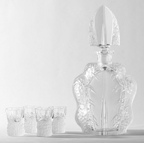 Lalique Manner Glass Decanter & Cordials, 5 Pcs.
