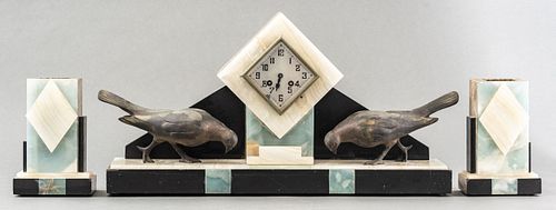 Art Deco Onyx & Marble Clock Garniture Set, 3