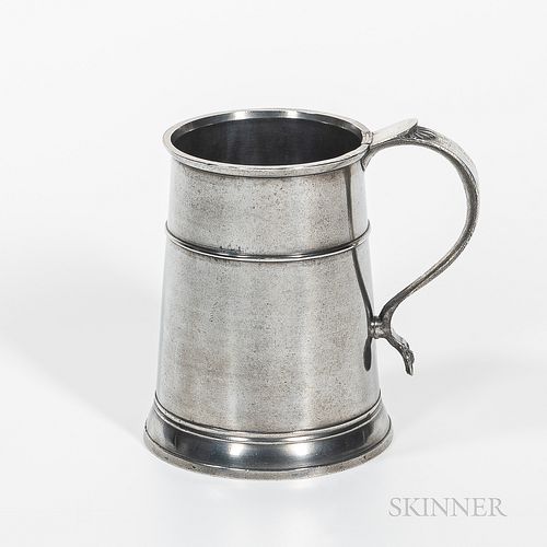 Nathaniel Austin Pewter Quart Mug, Charlestown, Massachusetts, late 18th/early 19th century, tapering cylindrical body with high band,