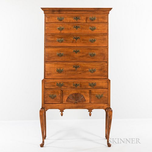 Queen Anne Tiger Maple High Chest of Drawers, Massachusetts, c. 1740-60, upper case with molded cornice above five thumb-molded graduat