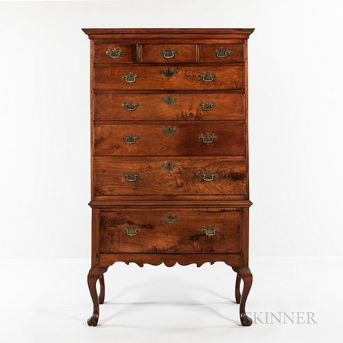 Walnut High Chest of Drawers, Eastern Pennsylvania, c. 1750-70, the upper case with molded cornice above three thumb-molded short drawe