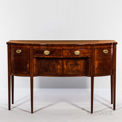 Federal String-inlaid Mahogany Sideboard, probably New York, c. 1790, the shaped top on a conforming case of two central drawers above