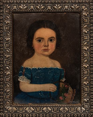 American School, Mid-19th Century, Portrait of a Young Girl in a Blue Dress Holding a Flower Basket, Unsigned., Condition: rippling, mi