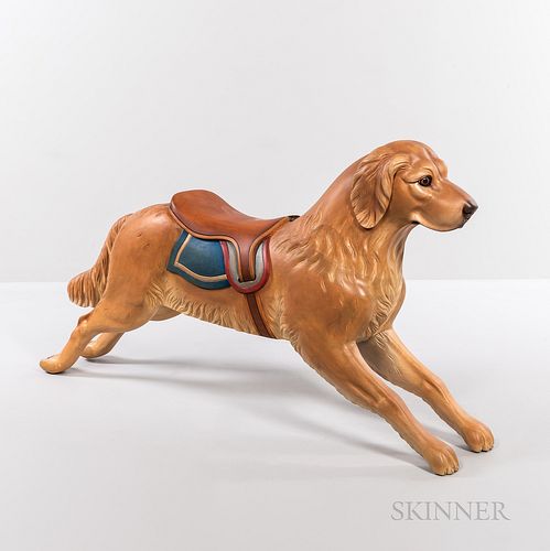 Carousel Dog Jumper Figure, Herschell Spilman Co., North Tonawanda, New York, early 20th century, the dog with outstretched legs wears