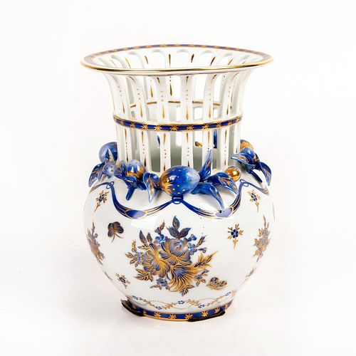 European Blue and White Floral Pierced Porcelain Vase