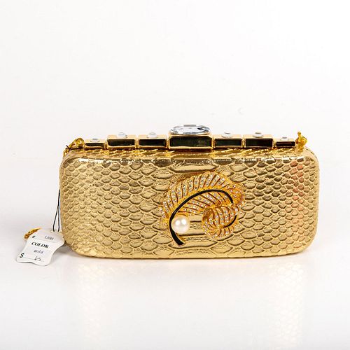 Iris Lane, Gold Faux Reptile Skin Feather And Pearl Clutch