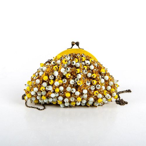 Santi Yellow and White Beaded Cross Body Party Clutch Bag
