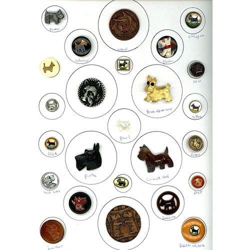 A FULL CARD OF ASSORTED MATERIAL SCOTTIE DOG BUTTONS