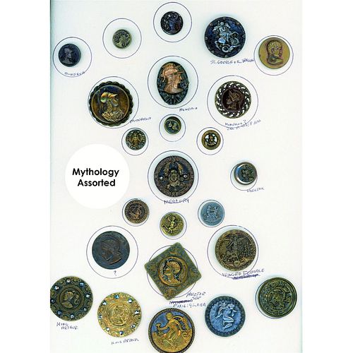 A CARD OF DIV 1 ASSORTED METAL MYTHOLOGY BUTTONS