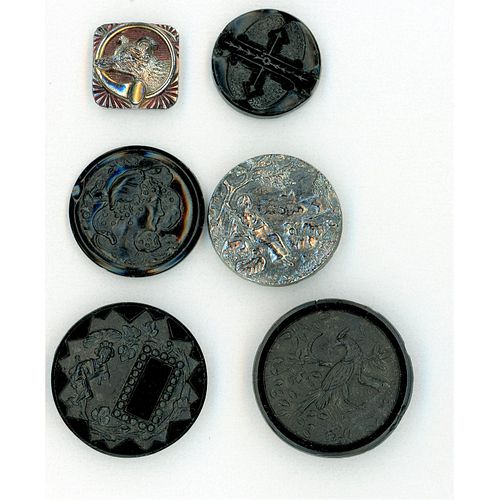 A SMALL CARD OF ASSORTED DIV 1 BLACK GLASS BUTTONS