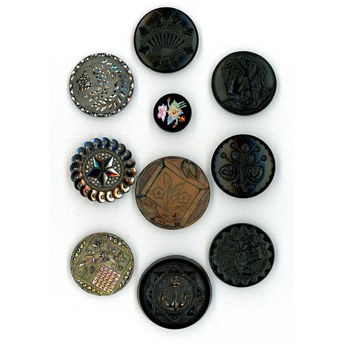 A SMALL CARD OF DIV 1 ASSORTED BLACK GLASS BUTTONS