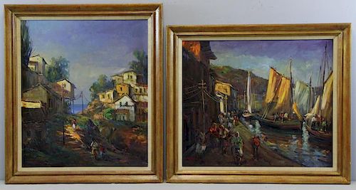 CALDERON. Pair of Oils on Canvas. Coastal Village