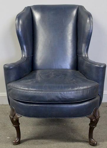 Blue Leather Wing Chair.