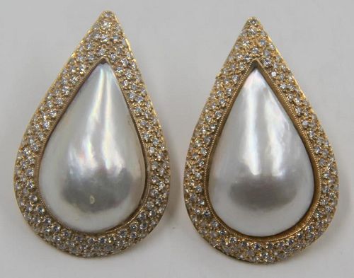JEWELRY. Pair of Mabe Pearl and Diamond Earrings.