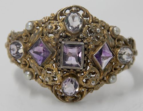 JEWELRY. Gilt Silver, Amethyst, and Pearl Bracelet