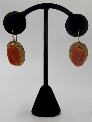 JEWELRY. 14kt Gold and Coral Cameo Earrings.