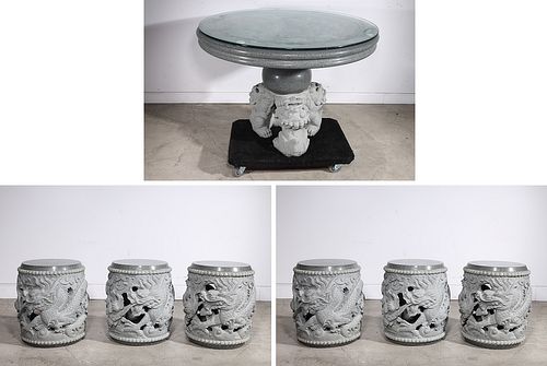 Large & Heavy Chinese Carved Table & Chairs