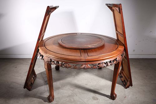 Chinese Carved Wooden Table with Lazy Susan and Two Leafs