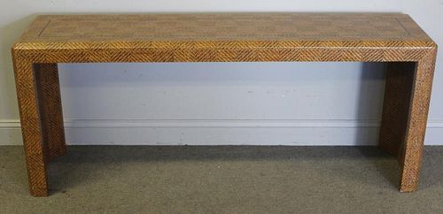 Midcentury Linen Wrapped and Brass Inlaid Console.