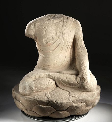 Chinese Tang Dynasty Sandstone Buddha in Lotus Pose