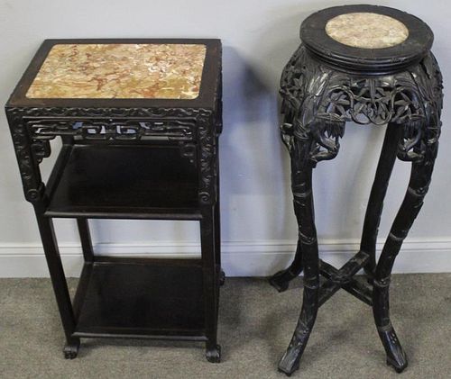 2 Chinese Carved Hardwood Pedestal, Tables With