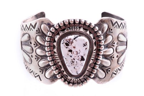 Navajo D. Gordon Silver White Buffalo Bracelet