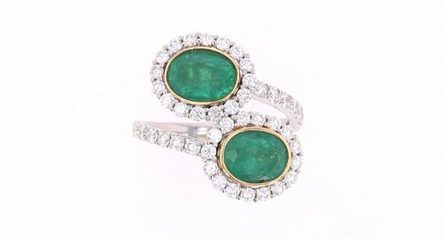 Freeform Emerald & Diamond 18k White Gold Ring
