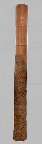 Early 20th century Chinese carved bamboo with figures at various pursuits and extensive calligraphy,