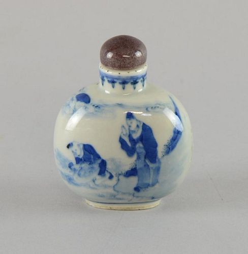 19th century Chinese porcelain blue and white snuff bottle decorated with a sage riding a donkey and