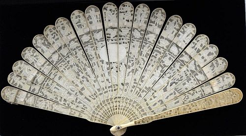 19th century Chinese ivory fan carved with figures at various pursuits and flowers and foliage, each