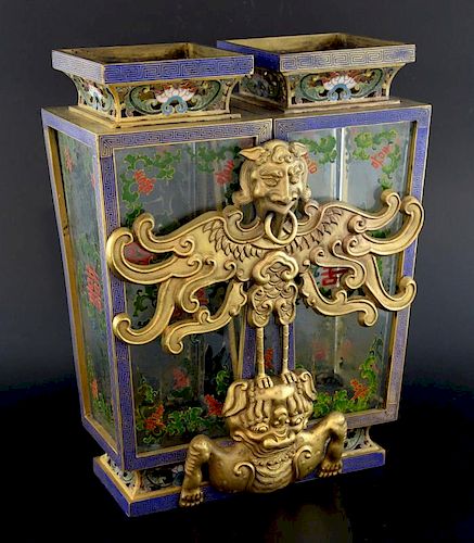 Chinese cloisonne marriage lantern in the form of two square section glass sided vases decorated wit